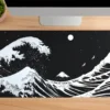 Kanagawa Black&White Gaming oyuncu Mousepad Kaydırmaz Kauçuk Dikişli Kenar 90×40 cm Mousepad