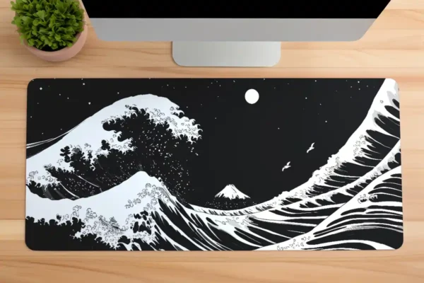 Kanagawa Black&White Gaming oyuncu Mousepad Kaydırmaz Kauçuk Dikişli Kenar 90×40 cm Mousepad