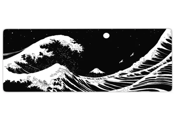 Kanagawa Black&White Gaming oyuncu Mousepad Kaydırmaz Kauçuk Dikişli Kenar 90×40 cm Mousepad