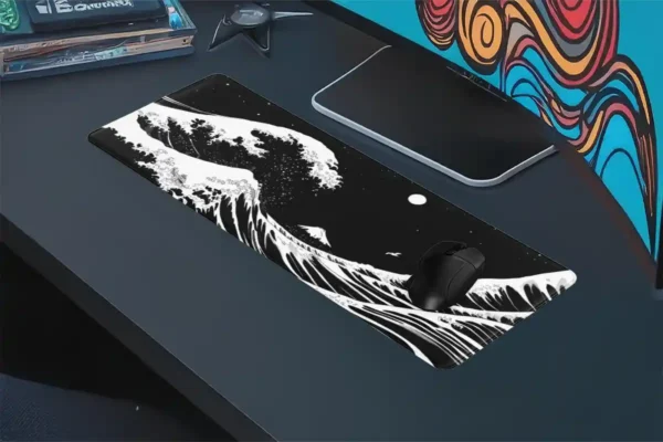Kanagawa Black&White Gaming oyuncu Mousepad Kaydırmaz Kauçuk Dikişli Kenar 90×40 cm Mousepad
