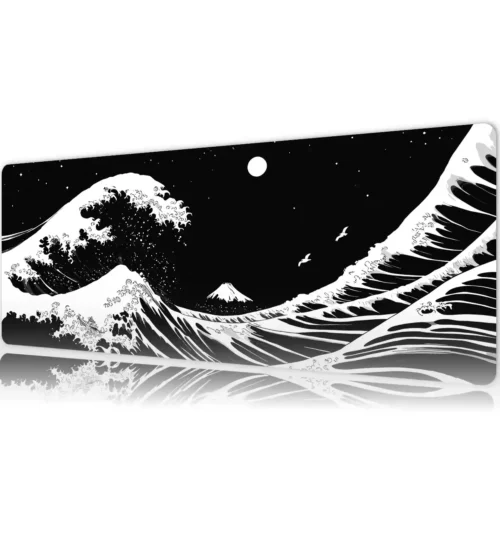 Kanagawa Black&White Gaming oyuncu Mousepad Kaydırmaz Kauçuk Dikişli Kenar 90×40 cm Mousepad