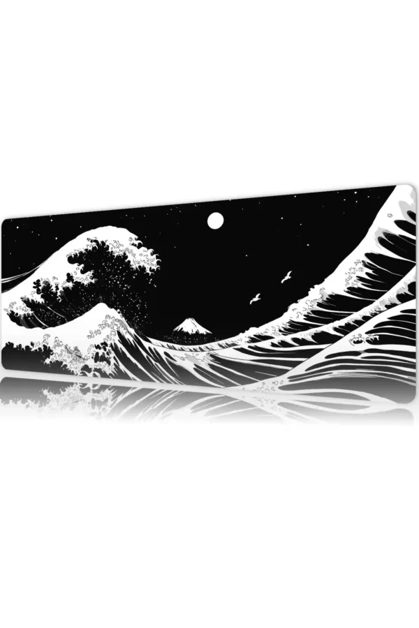 Kanagawa Black&White Gaming oyuncu Mousepad Kaydırmaz Kauçuk Dikişli Kenar 90×40 cm Mousepad