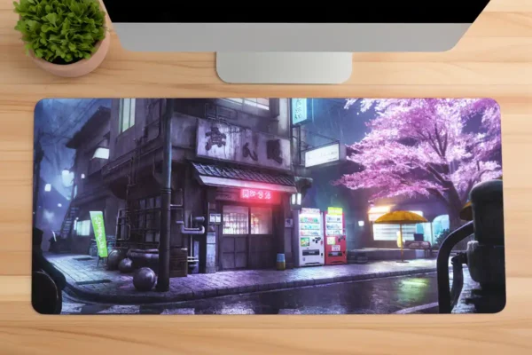 etsy60dikdortgen1 Neon Rain & Sakura Gaming oyuncu Mousepad Kaydırmaz Kauçuk Dikişli Kenar 90×40 cm Mousepad