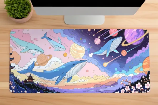 sakura2etsy48dikdortgen1 Galactic Whales Gaming oyuncu Mousepad Kaydırmaz Kauçuk Dikişli Kenar 90×40 cm Mousepad