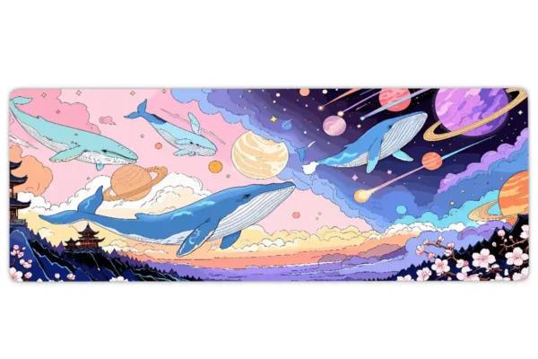 sakura2etsy48dikdortgen3 Galactic Whales Gaming oyuncu Mousepad Kaydırmaz Kauçuk Dikişli Kenar 90×40 cm Mousepad