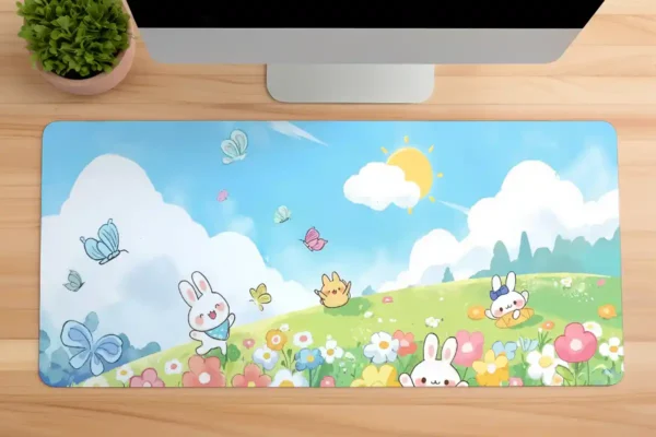 etsy134dikdortgen1 Sunny Bunny Meadow Cats Gaming oyuncu Mousepad Kaydırmaz Kauçuk Dikişli Kenar 80x30 cm Mousepad