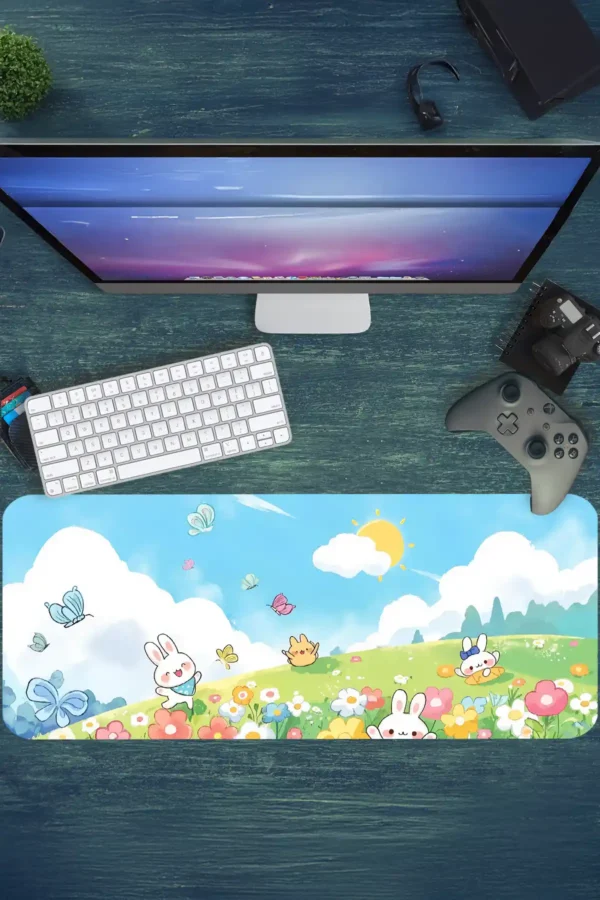etsy134dikdortgen2 Sunny Bunny Meadow Cats Gaming oyuncu Mousepad Kaydırmaz Kauçuk Dikişli Kenar 80x30 cm Mousepad