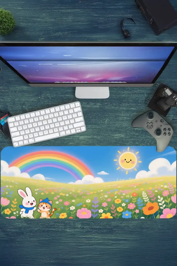 etsy135dikdortgen2 Sunny Meadow Cats Gaming oyuncu Mousepad Kaydırmaz Kauçuk Dikişli Kenar 90×40 cm Mousepad
