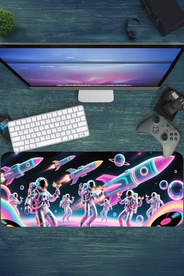 Neon Space Parade Gaming oyuncu Mousepad Kaydırmaz Kauçuk Dikişli Kenar 90x40 cm Mousepad