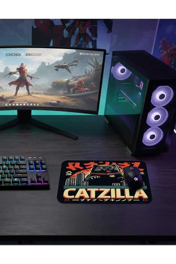 Catzilla Attack  Gaming  oyuncu Mouse pad Kaydırmaz Kauçuk Dikişli  480X400 Mm