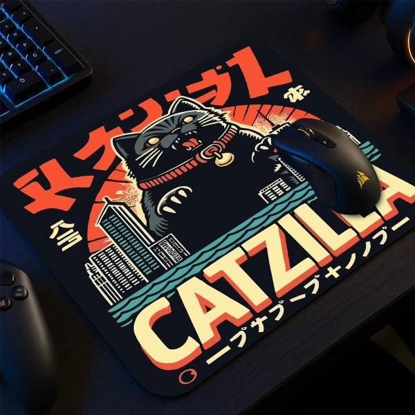 Catzilla Attack  Gaming  oyuncu Mouse pad Kaydırmaz Kauçuk Dikişli  480X400 Mm