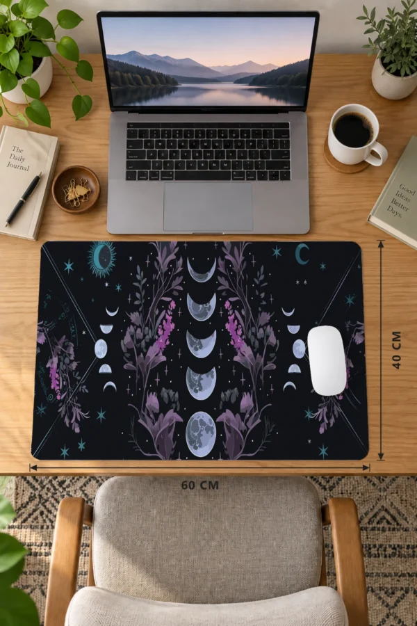 Night Flora 60x40 Gaming Mousepad Ay Evreleri Ve Mistik Çiçekler Temalı Tasarım Dizüstü Gaming Mousepad