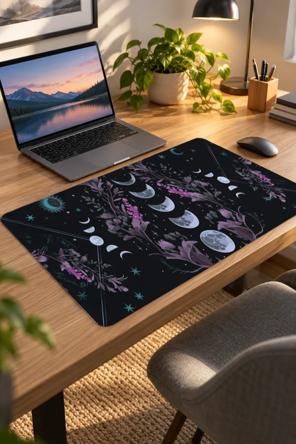Night Flora 60x40 Gaming Mousepad Ay Evreleri Ve Mistik Çiçekler Temalı Tasarım Dizüstü Gaming Mousepad