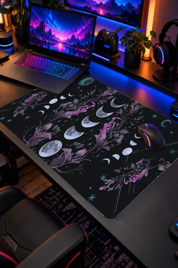 Night Flora 60x40 Gaming Mousepad Ay Evreleri Ve Mistik Çiçekler Temalı Tasarım Dizüstü Gaming Mousepad