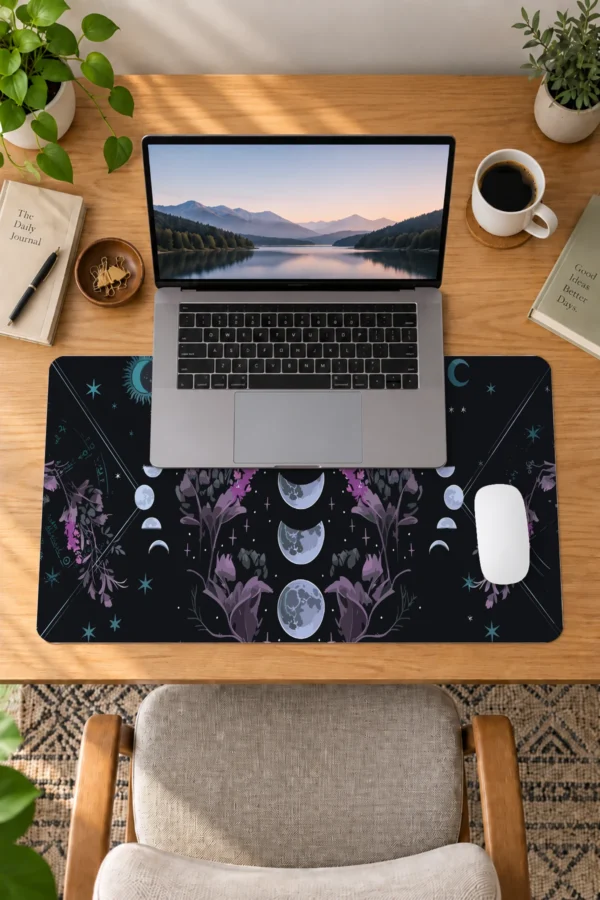 Night Flora 60x40 Gaming Mousepad Ay Evreleri Ve Mistik Çiçekler Temalı Tasarım Dizüstü Gaming Mousepad